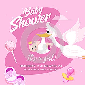 Baby Girl Shower celebration invitation card design with Stork lifting baby and event details.