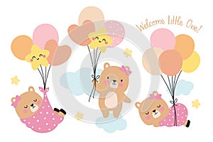 Baby Girl Shower Cute Baby Girl Bear with Balloons Cartoon Vector Illustration