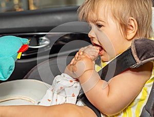 Baby. Girl. Sitting. Car. Seat. Head Shot. Feet