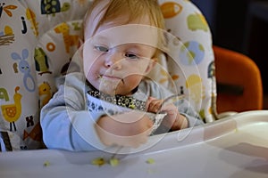 Baby girl sitting in high chair and eating