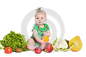 Baby girl sitting surrounded by fruits and vegetables, isolated on white