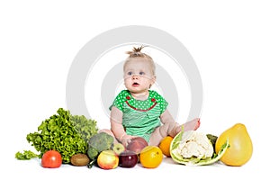 Baby girl sitting surrounded by fruits and vegetables, isolated on white