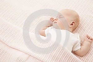 Baby Girl Sleep in Bed, Sleeping New Born Child on Pink Blanket