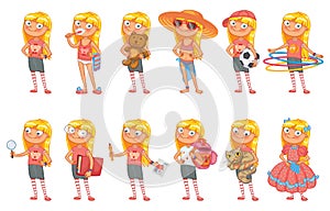 Baby girl stands in similar pose and holds a various objects photo