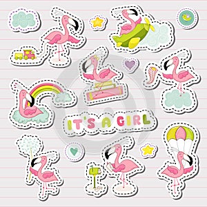 Baby Girl Stickers Set for Baby Shower Party Celebration. Decorative Elements for Newborn with Cute Flamingo