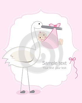 Baby girl with stork baby arrival greeting card