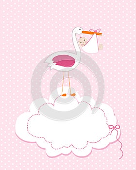 Baby girl with stork. Baby arrival greeting card. Baby shower invitation newborn baby illustration