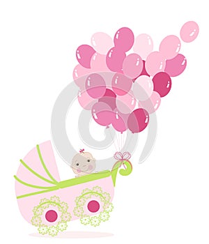 Baby girl stroller with balloon. Baby shower greeting card