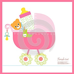 Baby girl stroller with bottle, soother, socks vector