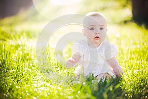Baby girl on a sunny meadow portrait