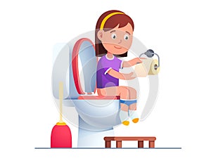 Baby girl using toilet sink tearing wiping paper