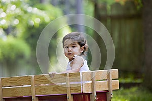 Baby girl in wagon outdoors