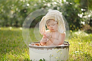 Baby Girl Wearing a Bunny Bonnet