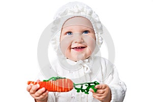Baby girl wearing crochet bonnet isolated