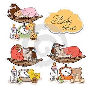 Baby girl on on weighing scale, items set