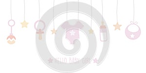 baby girl welcome greeting card for childbirth with hanging utensils