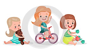 Baby Girls Sitting on Floor Playing with Toy Bear and Pouring Toy Tea Vector Illustration Set