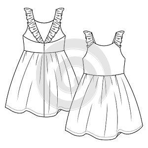 Baby Girls Summer dress flat sketch template. Infant Girls Technical Fashion Illustration. Back Zipper Opening. Frill Straps