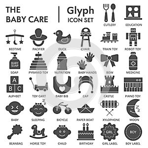 Baby glyph SIGNED icon set, toy symbols collection, vector sketches, logo illustrations, children signs solid pictograms