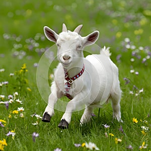 Baby goat frolics in field with flowers Adorable playtime