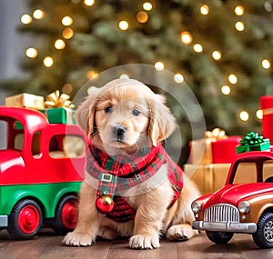 Baby golden retriever dog with gifts box on Christmas'day