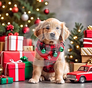 Baby golden retriever dog with gifts box on Christmas'day