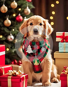 Baby golden retriever dog with gifts box on Christmas'day