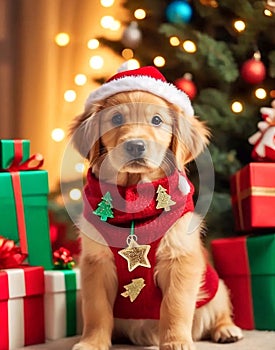 Baby golden retriever dog with gifts box on Christmas'day