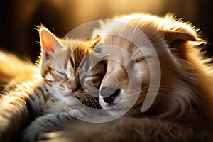 Baby golden retriever and kitten sleep together in harmony