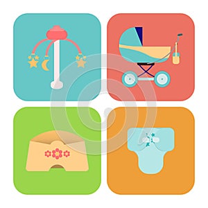 Baby goods. Children flat icons.