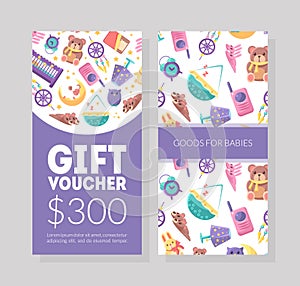 Baby Goods Gift Voucher Template, Kids Store Certificate or Coupon with Cute Childish Pattern, Design Element for