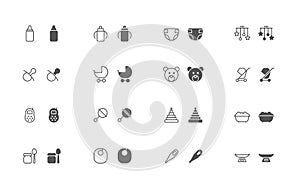 Baby goods outline and filled icon set