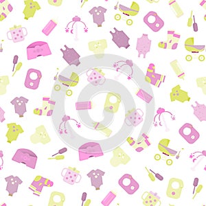 Baby goods. Pattern of baby goods icons. Children flat icons.