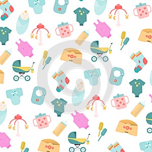 Baby goods. Pattern of baby goods icons. Children flat icons.