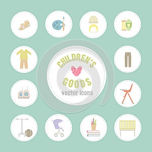 Baby goods. Pattern of baby goods icons. Children flat icons. Flat icons on child-related issues. Set of flat icons.