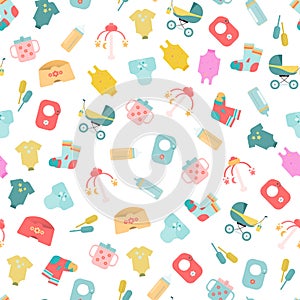 Baby goods. Seamless pattern of baby goods icons