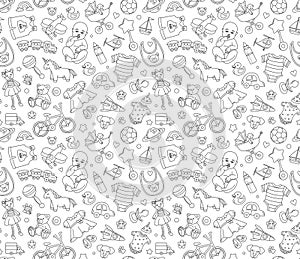 Baby goods store seamless background pattern Newborn products and toys