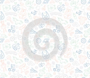 Baby goods store seamless background pattern Newborn products and toys