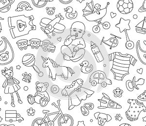 Baby goods store seamless background pattern Newborn products and toys