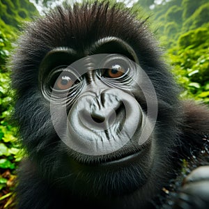 Baby gorilla peers into viewpoint, in unique portrait