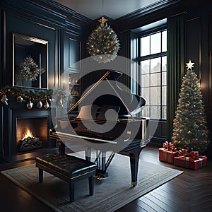 A baby grand piano in a beautiful Christmas decorated room