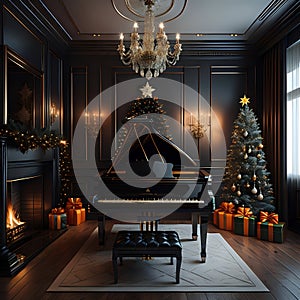 A baby grand piano in a Christmas decorated room