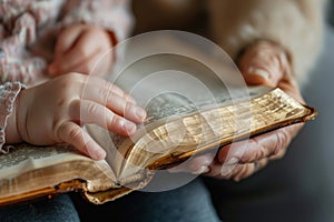 Baby and grandparent together looking at and feeling the pages of a book