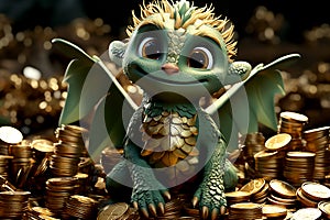 Baby green dragon on a pile of gold coins