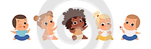 Baby group, multiethnic babies sitting. Isolated cartoon cute toddlers vector set