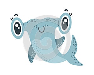 Baby hammerhead shark vector illustration. Cute grey friendly fish smiling. A predatory underwater animal waves its fin, posing.