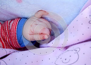 Baby hand gently holding adult`s finger