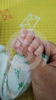 baby hand holding father& x27;s thumb