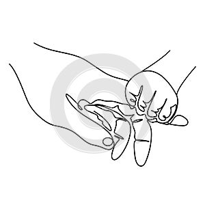Baby hand holding mom adult hand by finger line art