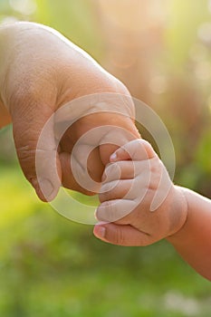 Baby hand holding mother finger